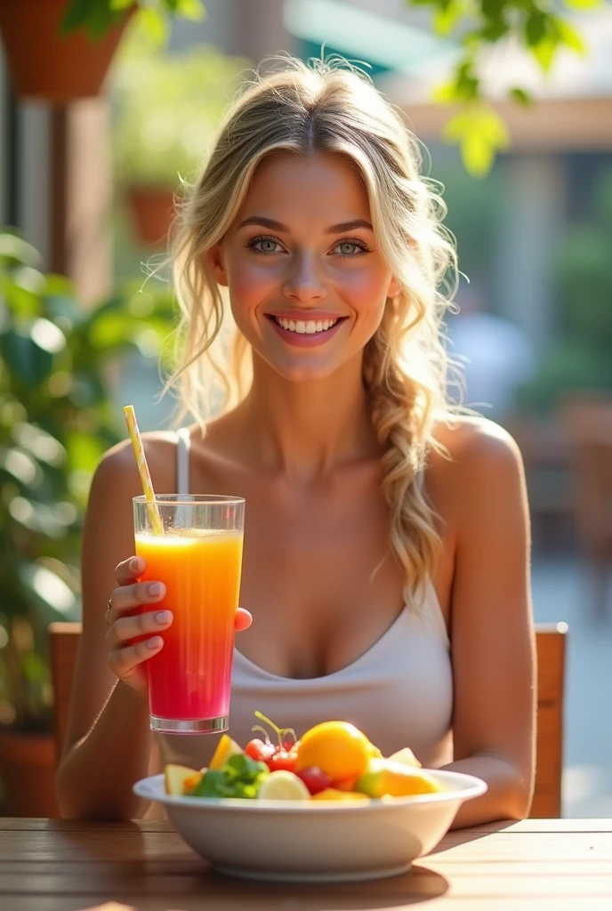 A young woman with light blonde, wavy hair, styled in a simple ponytail, sitting at an outdoor café table. In front of her is a colorful, healthy meal—a bowl of fresh fruit and a smoothie. She is smiling brightly at the camera, holding the smoothie in one hand, looking both relaxed and radiant. The outdoor setting is bright and airy, with plants around and soft sunlight enhancing the fresh, healthy vibe of the scene."