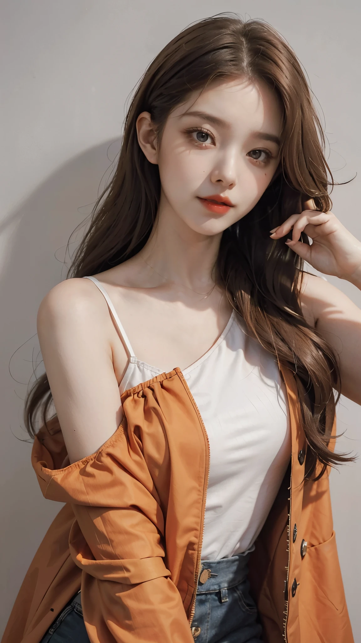 Girl wearing, luxury orange coat, shoulder length hair, wavy hair, glowing skin, star in eye, red lips, grey  background, cute poses , upper body.