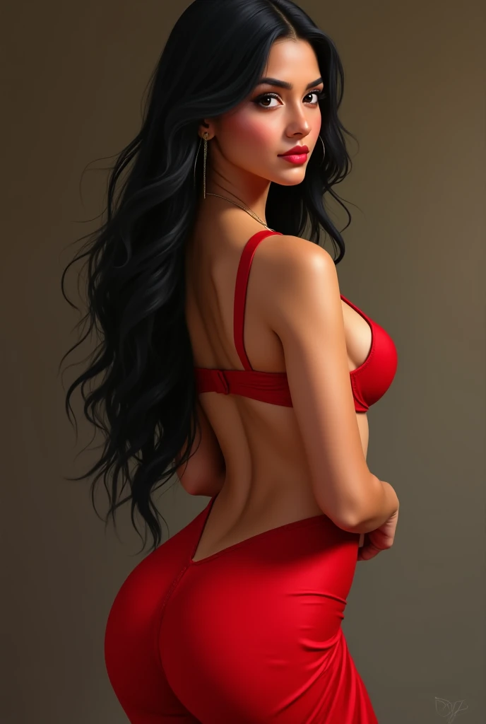 Beautiful perfect face Indian woman in red dress showing her big ass towards me with narrow waist and black long hair wearing red revealing mythological red bra big boobs also.