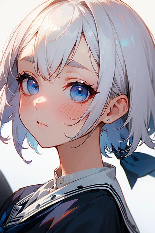 Short white hair, blush, Lace dress、Punk Fashion、Headbang 2.、Navy blue school uniform、Face close-up、