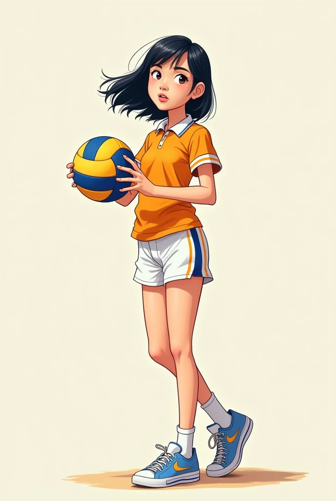 Cartoon of a volleyball player wearing a polo shirt and white and blue shorts, medium black hair, Height 1.70, almond eyes, thin,
