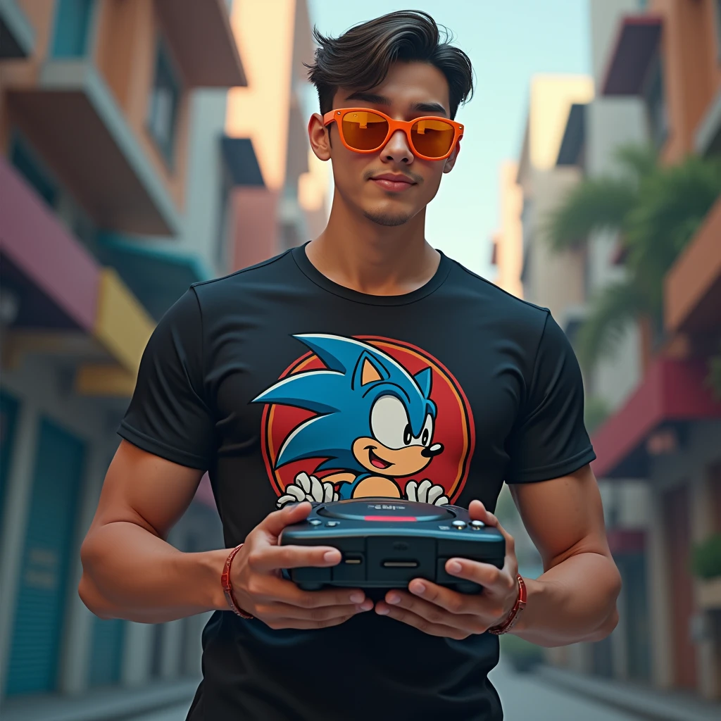 Make a boy an adult, with orange sunglasses, black sonic shirt, holding a sega dreamcast