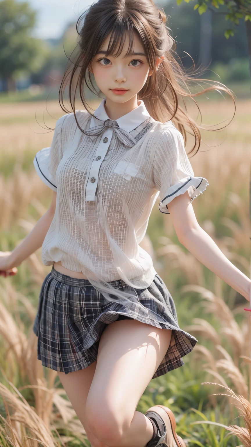 masterpiece , Highest quality , Very detailed , 1 person, ((Contrasting Eyes)) , running , blouse, skirt , bangs , field