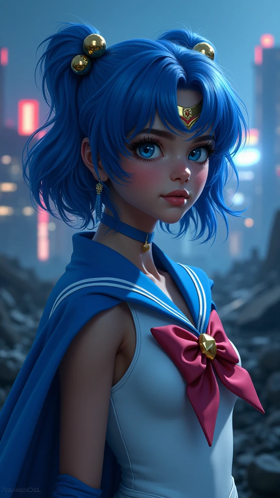 Sailor Mercury with blue hair and a blue cape on her head, (dark ebony skin:1.4),(fondo ciudad destroyed apocalypse Tokio noche :1.4), artgerm jsc, portrait knights of zodiac girl, extremely detailed artgerm, ross tran 8 k, in the style of ross tran, artgerm julie bell beeple, by Ross Tran, ross tran style, alena aenami and artgerm, inspired by Ross Tran, high quality, (RAW photo, best quality), (realistic, photorealistic: 1.4), (extremely delicate and beautiful: 1.4), amazing, fine details, masterpiece, ultra detailed, high resolution, best illustration, best shadow, intricate, ( extremely intricate: 1.2), (exquisitely detailed skin), cinematic light, perfect anatomy, (cool color: 1.4), sharp focus, 8k UHD, DSLR, (Fujifilm XT3),(dark ebony skin:1.4),( iluminación cinematográfica :1.4), ,(Fondo de ruinas de mazmorra en ruinas Tokio cyberpunk :1.4 ),( pose americano :1.4), (Sailor Mercury :1.4), (un uniforme con falda de color azul y moños celestes:1.4) .(85mm F/1.4), (distintas extensiones de rostro :1.4), (hermosa mujer belleza una diosa de la naturaleza :1.4), Epic Fantasy Art Style HD, 4K fantasy art, epic fantasy digital art style, epic fantasy art style, Fantasy Woman, epic fantasy art portrait, Epic fantasy style, hyperrealistic fantasy art, hd fantasy art, Epic fantasy character art, epic fantasy art, in style of dark fantasy art, epic fantasy digital art, (Sailor moon Mercury:1.4), (Sailor Mercury V2.1), (pose medio cuerpo:1.4 )
