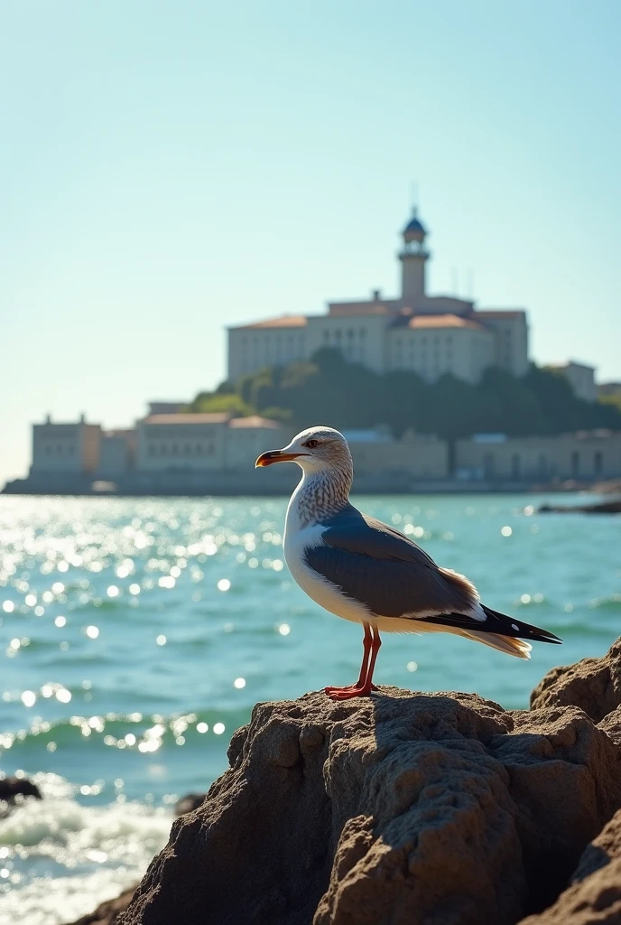 1 alcatraz bird standing on a coast near the sea at noon 