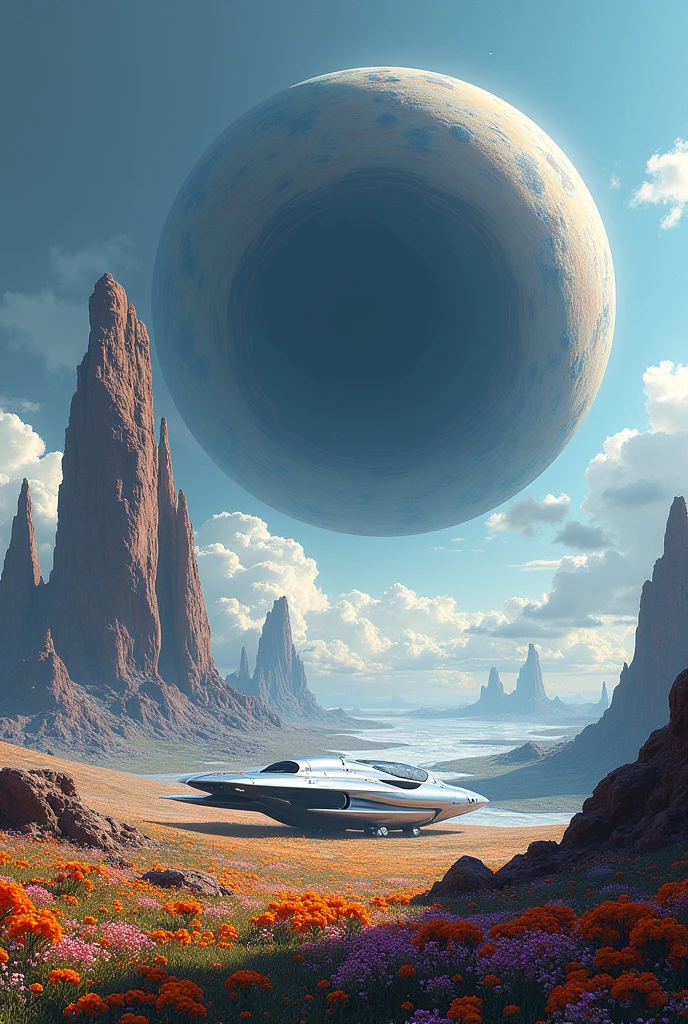 Give me a planet where it's similar to Pandora, with floating piece of land, with a black hole in the background and a field of flowers and a futuristic spaceship on the surface of the planet.