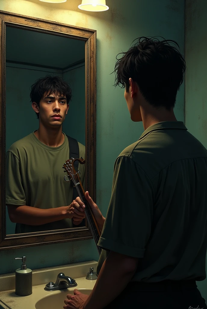 A guy of 180 medium dark skin color short hair looking at himself in the mirror of a somewhat dark bathroom with a rock theme of Pink Floyd playing the imaginary guitar listening to Pink Floyd