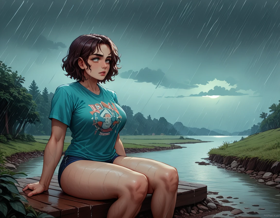 (1 girl) (masterpiece, best quality) (woman in a colorful graphic designer t shirt) (sitting on a lake beach), , ,  , (stormy dark sky, raining) , extreme detail
((Melancholy emotions:1.4)), , large dark eyebrows wide chin
(Sagging Breasts covering entire torso) ((full body picture)) ((safe for work:1.3) ((heavy breasts covered by shirt)),  art by norman Rockwell, 