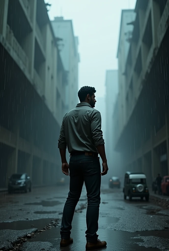 photo of vijay from beast movie standing outside the city 17, rainy, rtx, octane, unreal