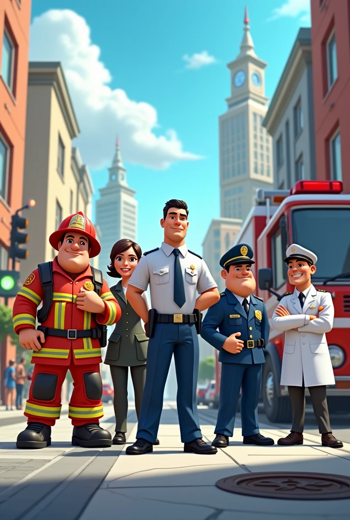 Animated public servants, like a firefighter, police, Doctor, Soldier, traffic officer, Judge