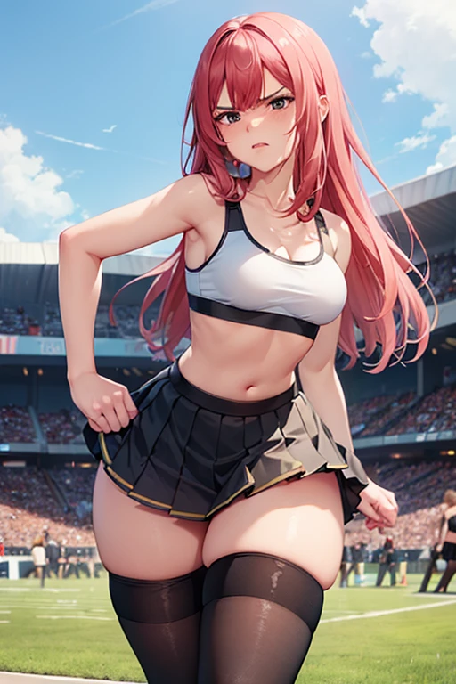 (best quality), (masterpiece), 1 girl, early 20's, small breasts, busty, perky breasts, thick, thick lips, wide hips, thin waist, angry face, angry expression, pleated skirt, knee socks, sports bra