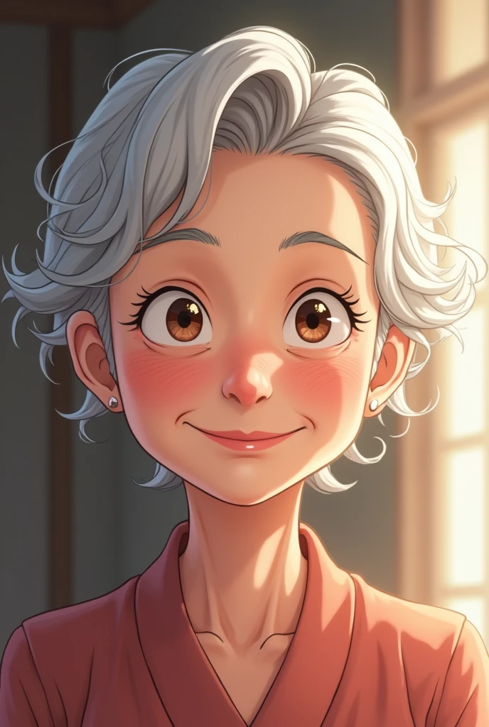 (photorealism:1.2), an old big pretty and kind woman draw anime