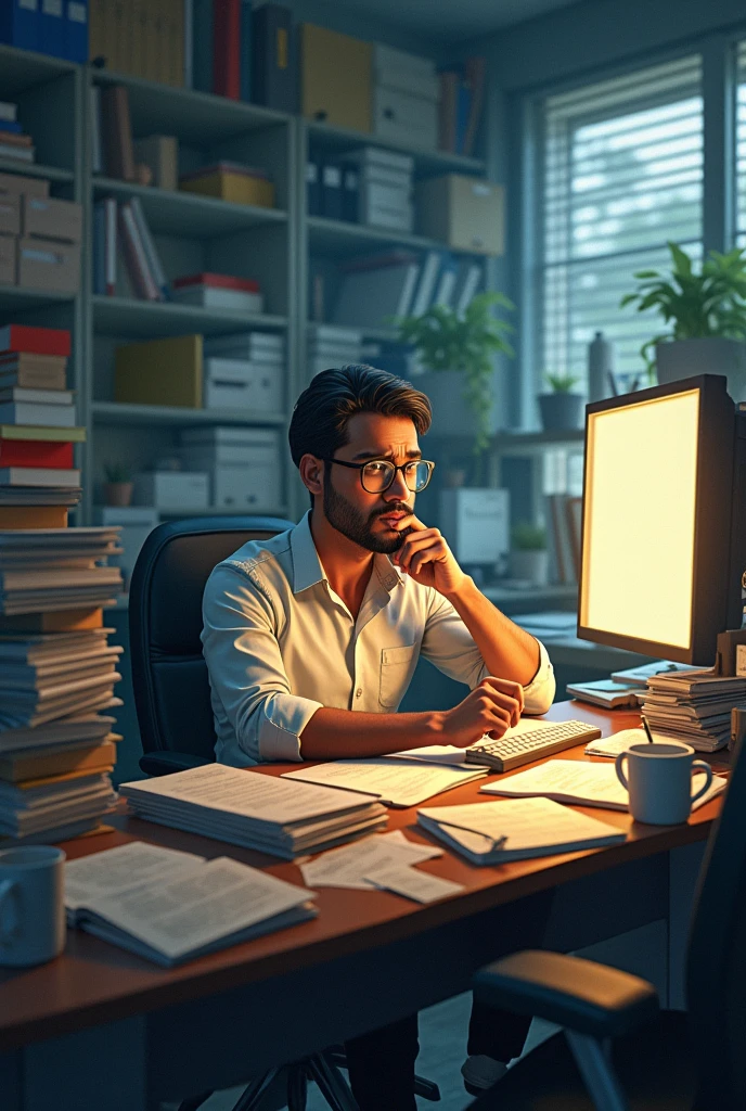 **Busy Work Environment**: A cluttered office space with Mohan sitting at his desk, looking stressed as he works on his computer.
