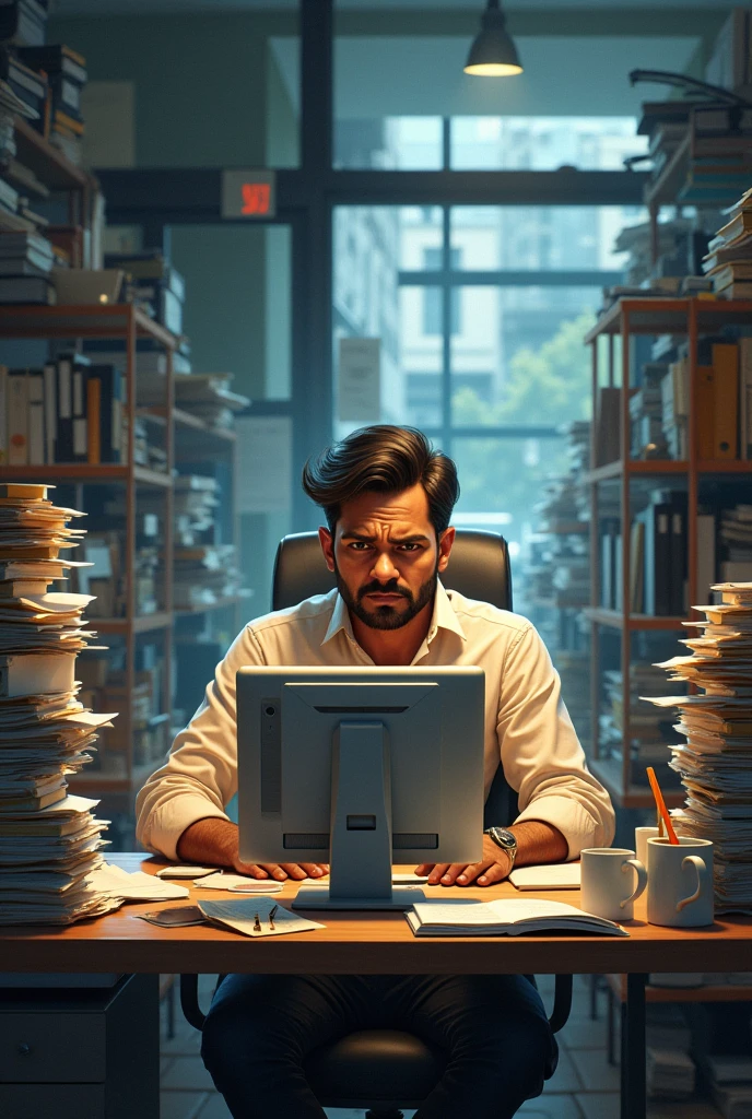 **Busy Work Environment**: A cluttered office space with Mohan sitting at his desk, looking stressed as he works on his computer.
