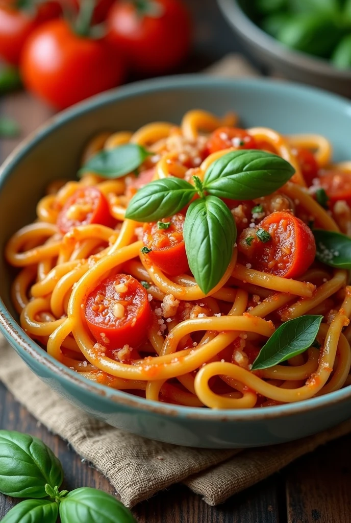 Create an image of this recipe: Spelt Pasta with Tomato and Basil Sauce Ingredients:
- Spelled pasta: 100 g - Crushed tomato: 200 g - Fresh basil: 10 g - Garlic: 10 g - Olive oil: 15 ml
- Sal: 5 g - Pepper: 2 g Preparation:
1. Cook the spelt pasta according to the package instructions.. Drain and set aside.
2. In a frying pan, Heat the olive oil and fry the chopped garlic until golden..
3. Add the crushed tomatoes and cook over medium heat for 10 minutes., stirring occasionally.
4. Add the chopped fresh basil and season with salt and pepper..
5. Mix the sauce with the cooked pasta and serve hot..