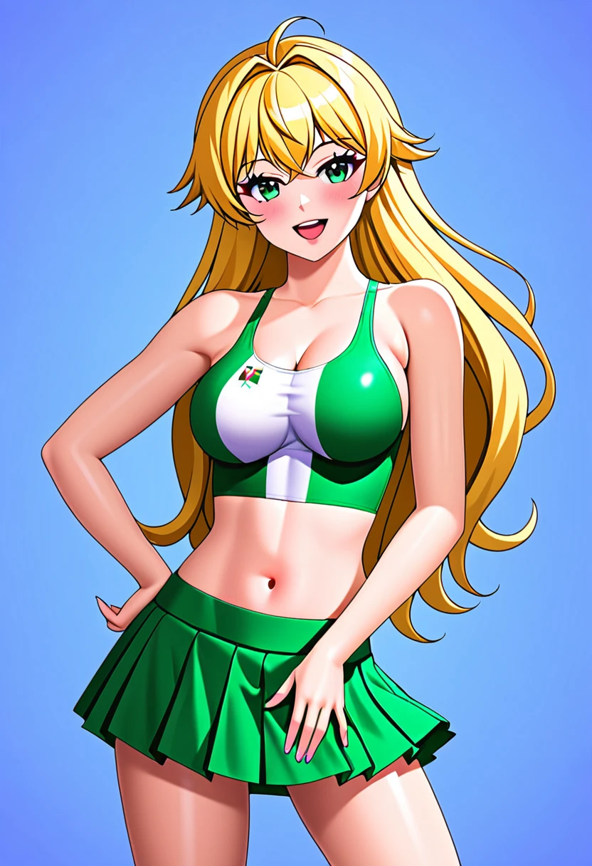 (high quality), anime style, source_anime, 8k, extremely detailed, (High detail), Solo, ((italian blonde female)), (sexy face), (medium round breasts), ((skirt, crop top)), ((pretty perfect model hourglass-shaped body)),