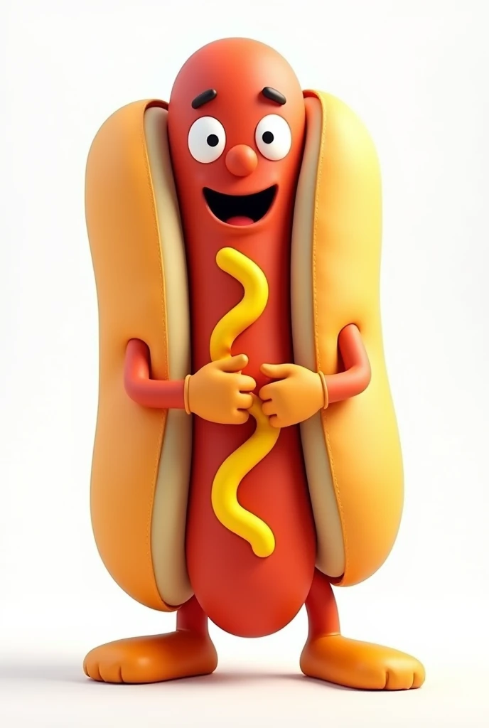 not cuphead style!! a funny hot dog mascot doll with arms and legs on a white background