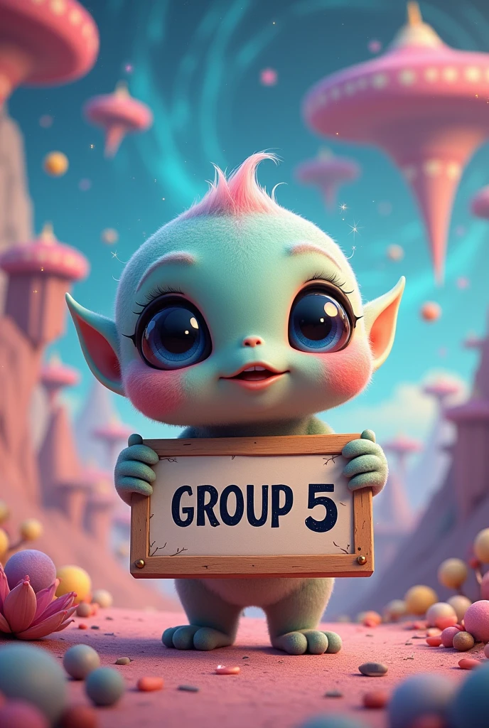 Create an adorable alien with a sign that says Group 5