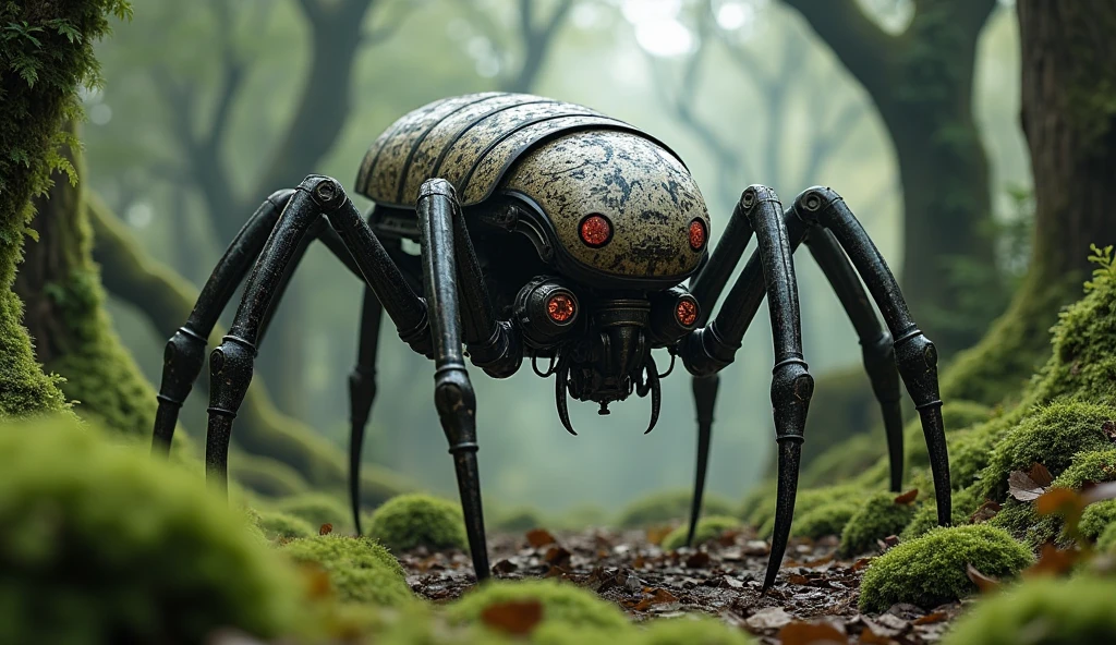 A single-seater robot with a spider-like brain、Detailed skin、Actual item、in the forest、moss、Medieval Armor、Ancient Technology