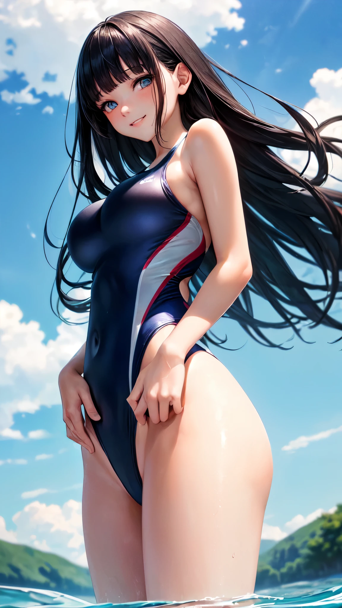 ((masterpiece,best quality,ultra detailed,high resolution)),(daytime,clear weather),((solo)),(woman),(black hair,long hair,straight hair,blunt bangs),(beautiful face,beautiful eyes),(finely detailed skin,fair skin),light smile,(competition swimsuit,navy swimsuit),(on the beautiful lake,beautiful sky),(perky breast,medium hip),from below,