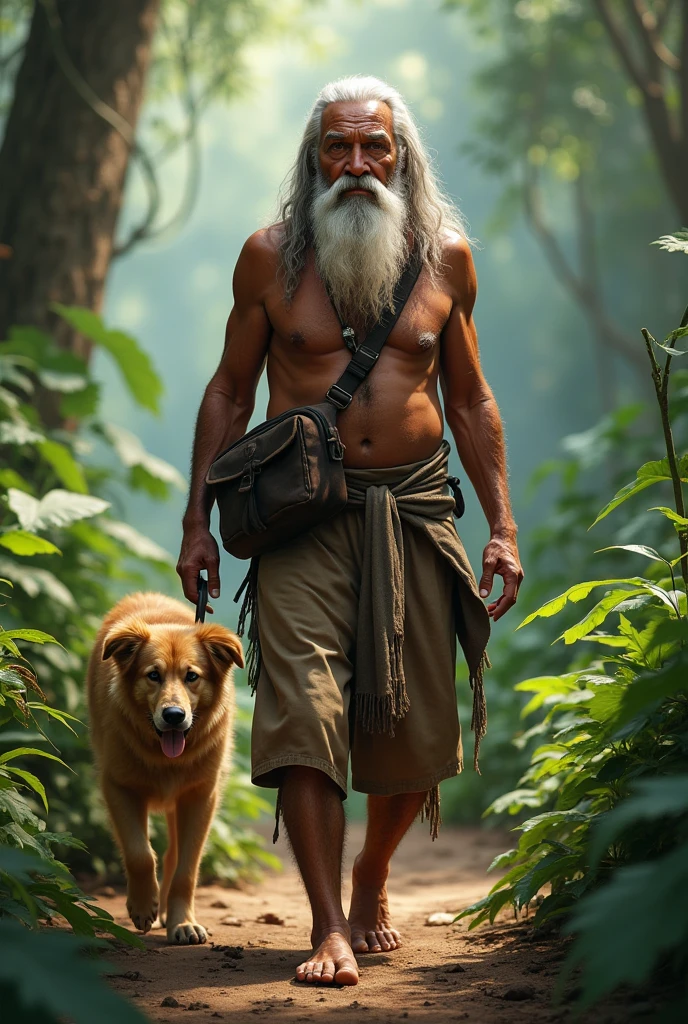 Photorealism 1.5 old native male white hair beard walking with dog in the jungle sling bag shoeless