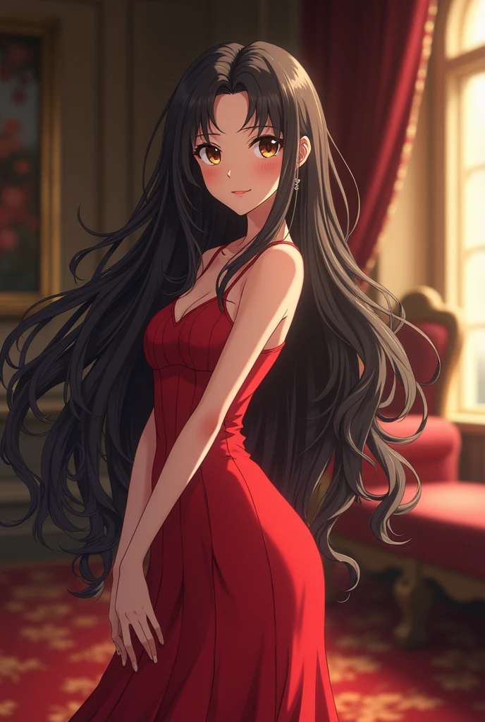 teen girl, long black hair with red tips, Brown eyes, attractive, thin lips. She is wearing an elegant red dress. is posing for a photo, Whole body. has a happy expression. The atmosphere is fine, In the background you can see an elegant room. Bleach Studio Pierrot animation style