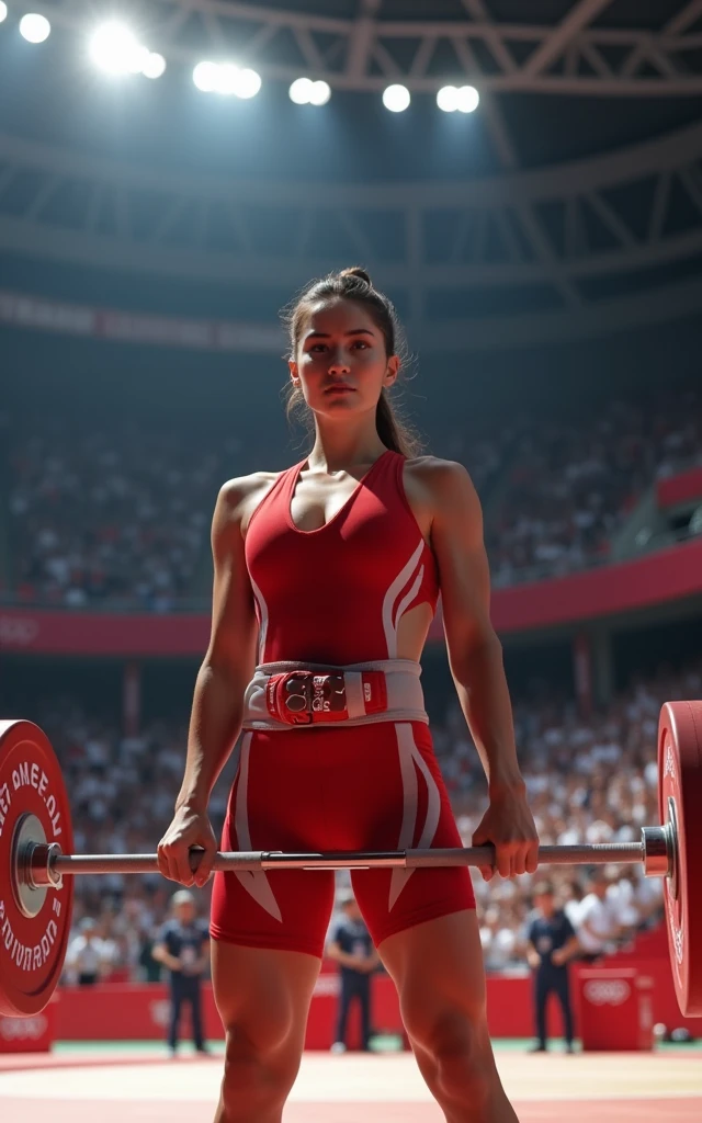 Ultra-high resolution,High-resolution details,Olympic women's weightlifting,Red clothing,Weightlifting Belt,(1 Korean beauty,Super beautiful,Super fair skin,White face)full-body shot,Panoramic vistas,Wide-angle lens,Olympic indoor venues as background,Full audience,Passionate and intense