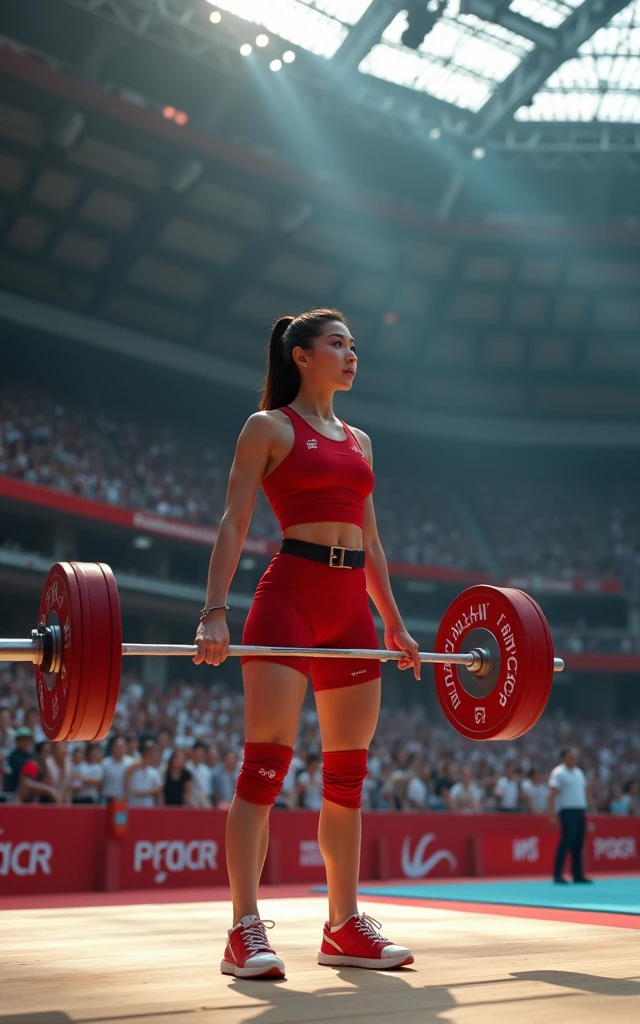 Ultra-high resolution,High-resolution details,Olympic women's weightlifting,Red clothing,Weightlifting Belt,(1 Korean beauty,Super beautiful,Super fair skin,White face)full-body shot,Panoramic vistas,Wide-angle lens,Olympic indoor venues as background,Full audience,Passionate and intense