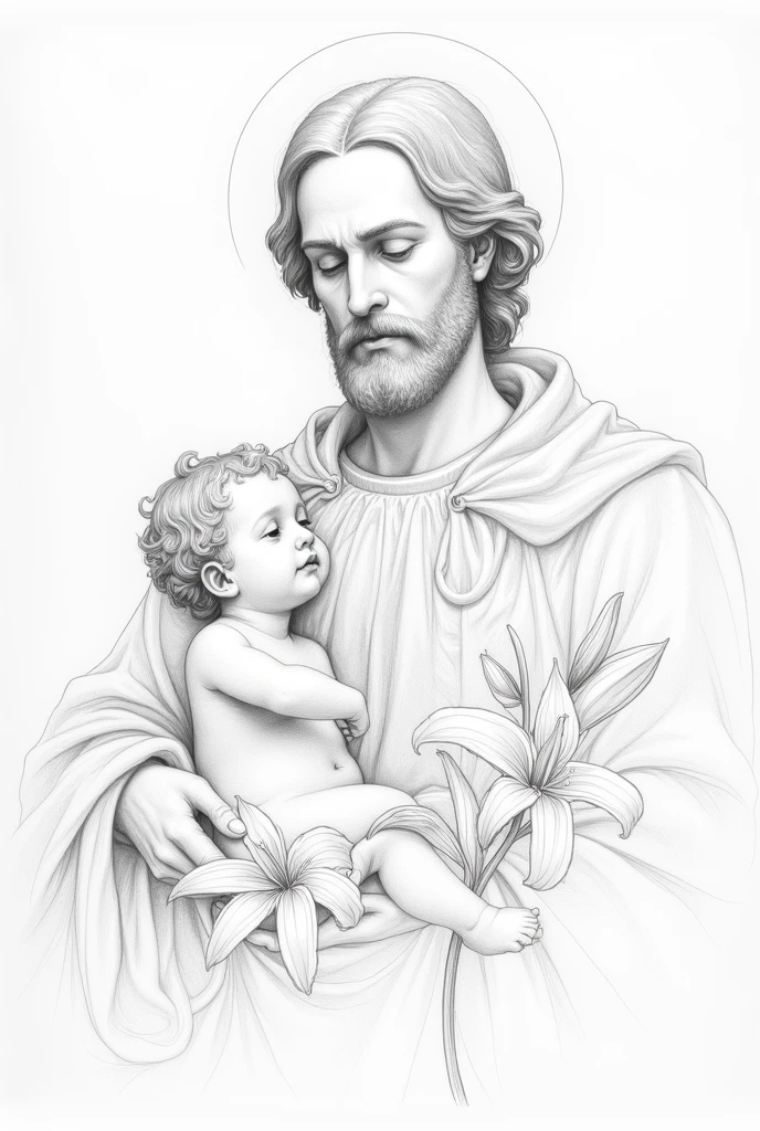 Drawing of the bust of Saint Joseph with lilies and Jesus, hand-drawn with graphite pencil, only the outlines are scribbled.