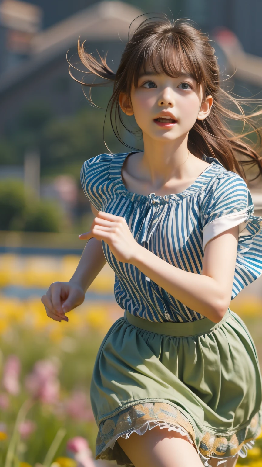 masterpiece , Highest quality , Very detailed , 1 person, ((Contrasting Eyes)) , running , blouse, skirt , bangs , field