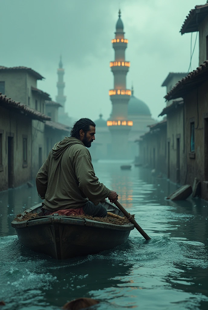 A man took a boat in the flood and went to the minaret of the village mosque