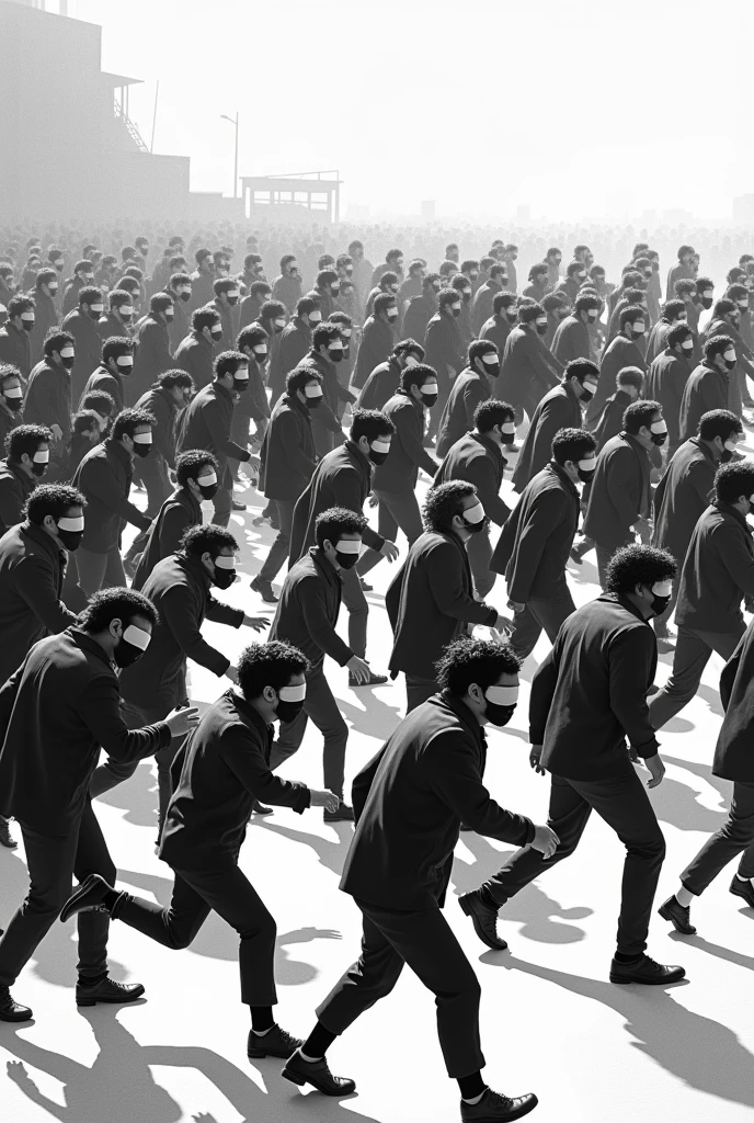 A black and white image of a blindfolded crowd, walking in different directions aimlessly. The image could show some people colliding with each other or running into obstacles., symbolizing the lack of direction and social awareness