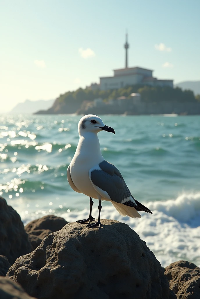 1 alcatraz bird standing on a coast near the sea at noon