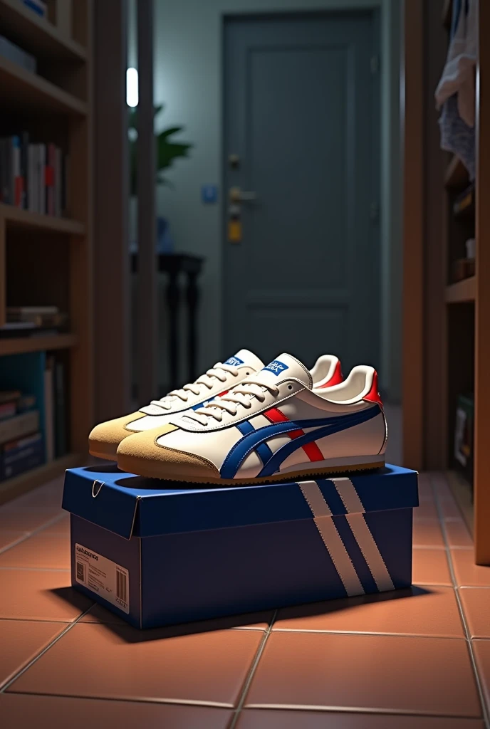 generate an onitsuka tiger on top of its box and on a brown tiled floor, white with the lines blue and red color and make the background look dim inside a house