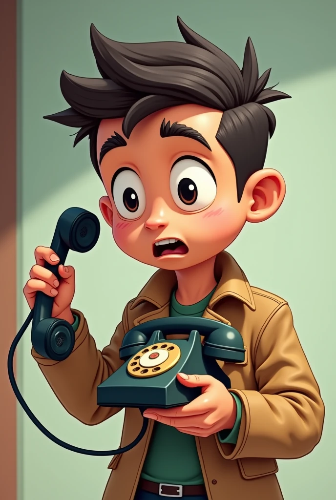 "Cartoon detective named Cristiano with a big head and , resembling a young Cristiano Ronaldo, holding a vintage phone with a surprised expression. The detective's head is oversized compared to his body." Details: The phone should look old-fashioned, and Cristiano's expression should be one of surprise.
