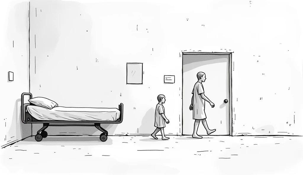 Black and white line drawing storyboard, a hospital