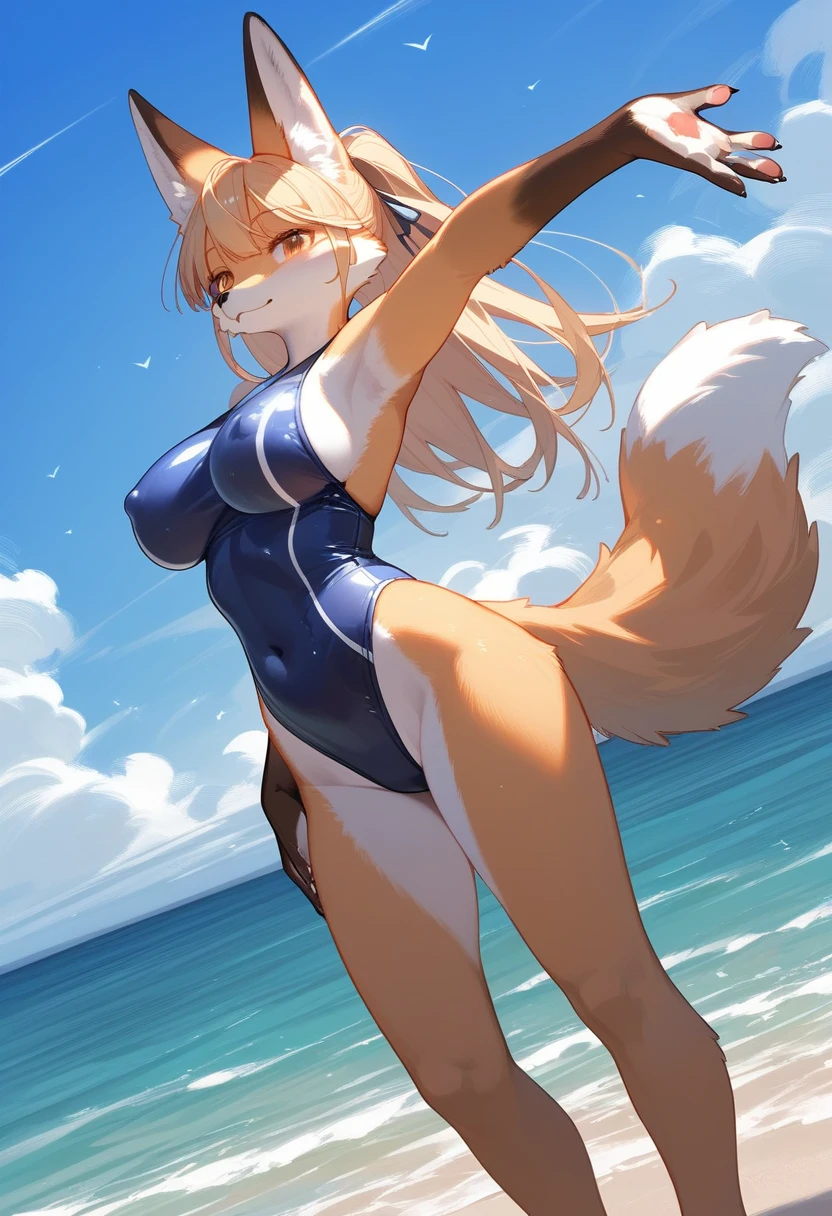 Highest quality, Highest quality, High quality illustrations, masterpiece, Ultra-high resolution, Detailed Background, Beach, Absurd, Perfect Anatomy, performance, Good lighting, Shadows in the movies(kemono, Furry Personifi猫ion), fox, Rubber Swimsuit, bikini, Dynamic Angle, nipple bulge