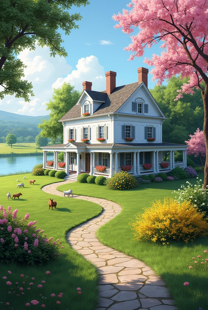 Huge white house with flowers in the windows and on the porch. To get there, there is a stone road with grass everywhere and trees with pink flowers and bushes with yellow flowers and the house with a huge lake. The house is on a farm full of animals.