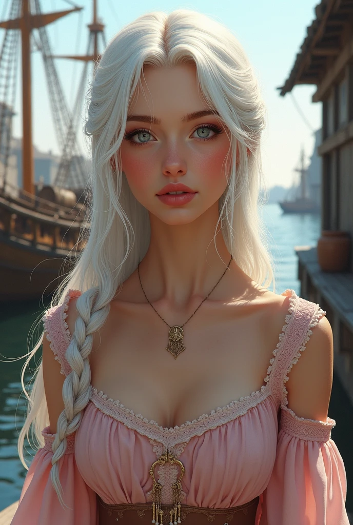 Make a realistic image of a 1 girl almond color skin, white hair and blue-gray eyes.
She is wearing a pink medieval dress, and is in a medieval maritime setting. 
