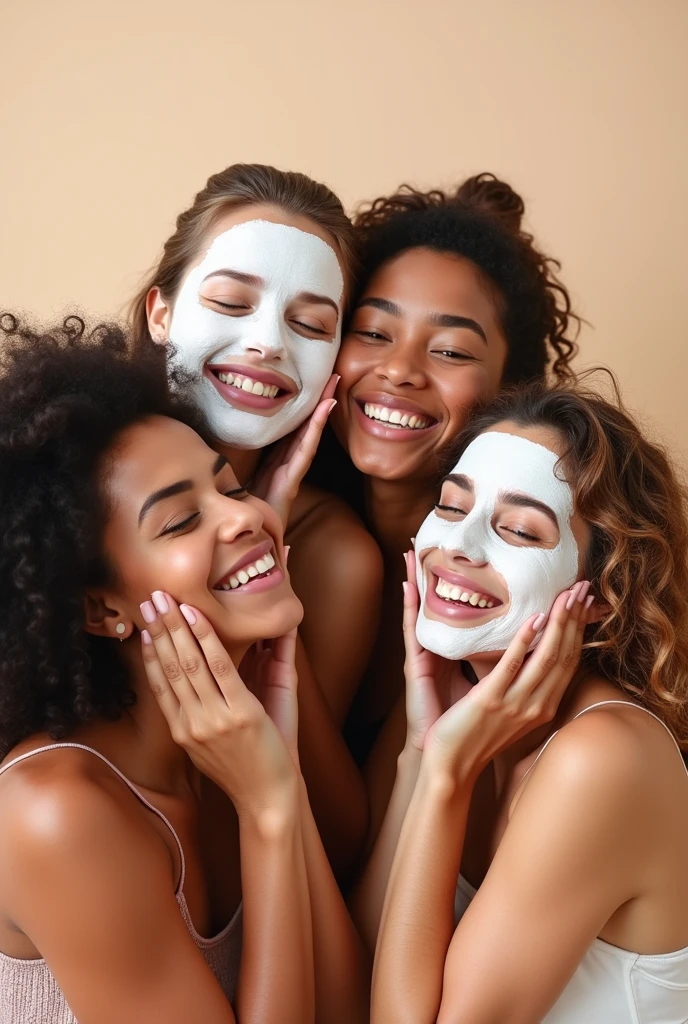 Playful Banner of four real women with applied face mask