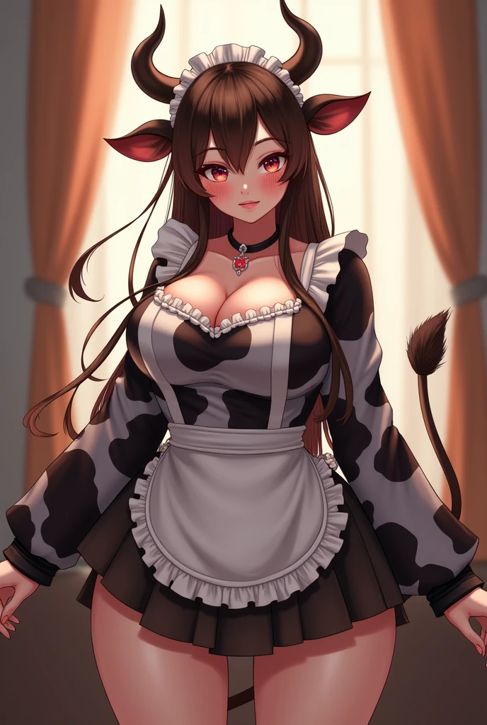 make a maid cow girl with cow horns a fluffy cow tail and big ears and with white and black colors big breasts and even bigger thighs (She is standing looking at the center of the screen with a flushed face and slightly averted gaze with a skirt covering her thighs and a cow print sweatshirt.