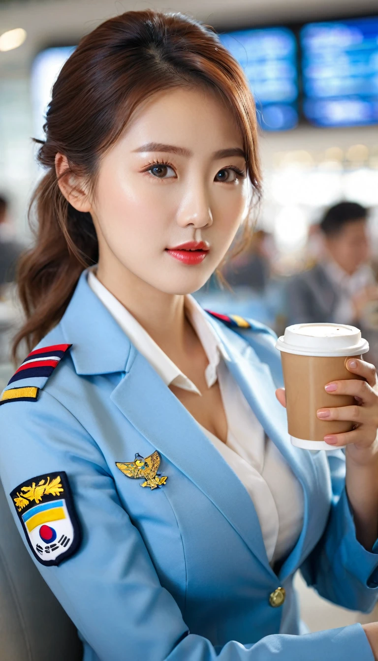 close-up of beautiful korean female, 34 inch breasts size, blue eyes, wearing  korean flight crew uniform, sitting in airport lounge, holding a cup of coffee, bokeh background, UHD