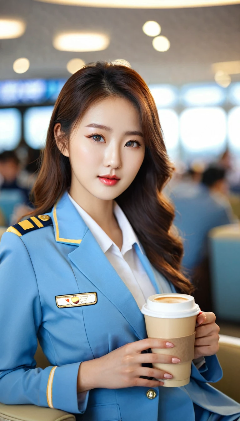close-up of beautiful korean female, 34 inch breasts size, blue eyes, wearing korean flight crew uniform, sitting in airport lounge, holding a cup of coffee, bokeh background, UHD