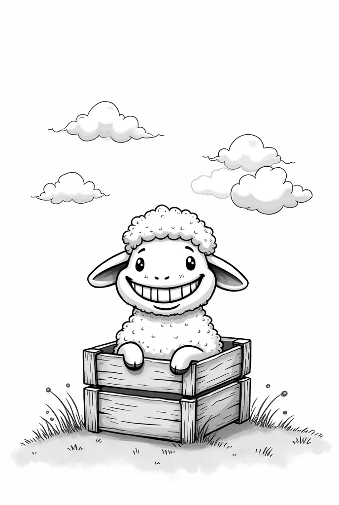 a sheep in a wooden box, huge tender smile, big teeth, over grass, clouds in the sky, outlined sketch, black and white only