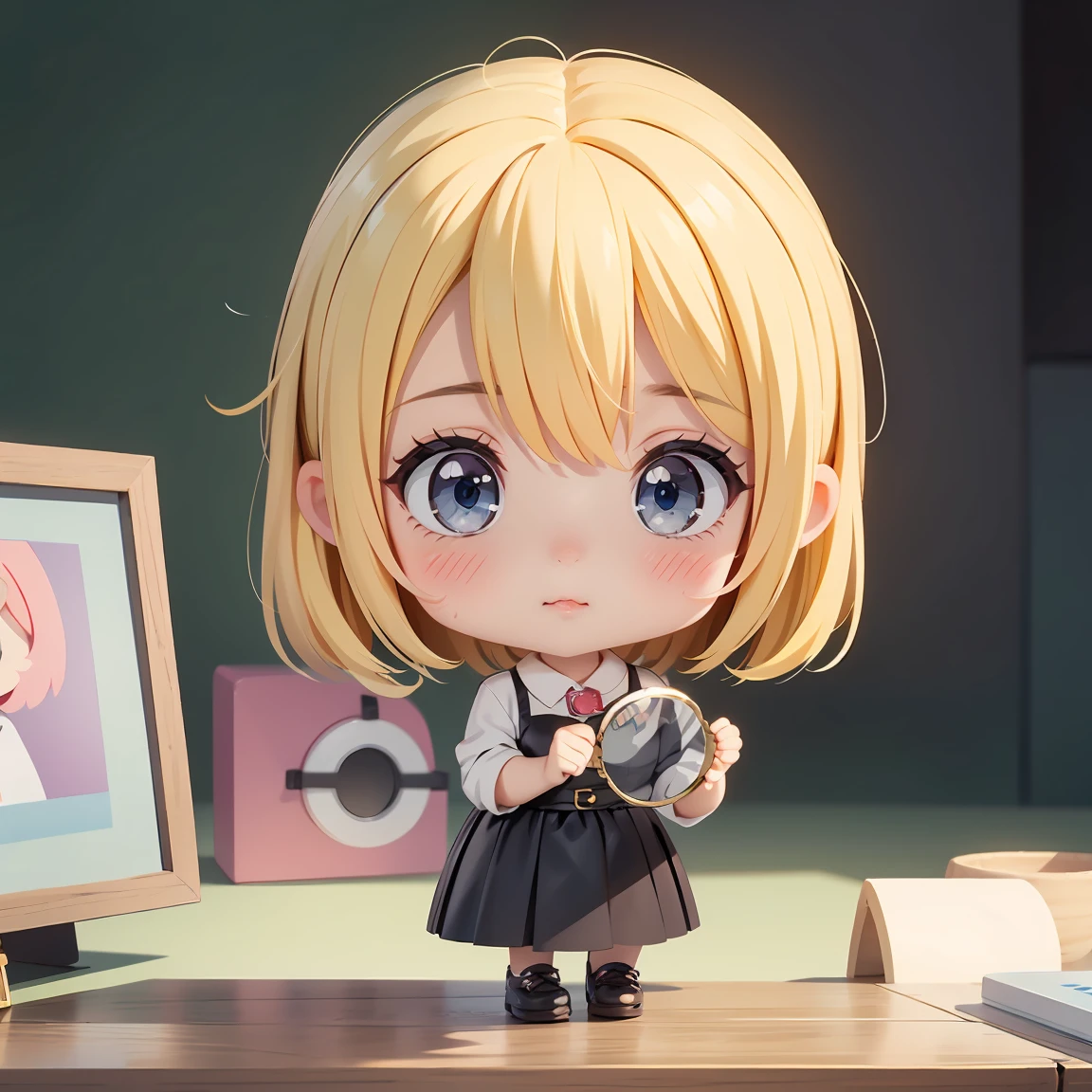 Super Chibi Character:1.8、Blonde Hair、Cute girl、Cute Costumes、Super Chibi Character:1.8、Looking at me through a huge magnifying glass