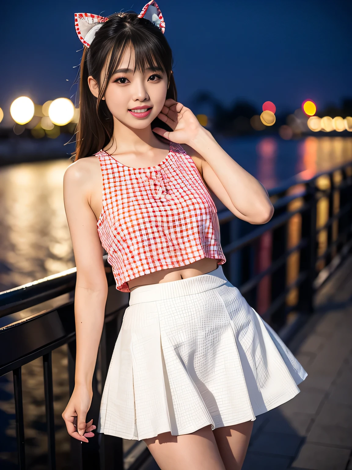 Very detailed、masterpiece、Highest quality、Ultra-high resolution、8K high resolution、Photogenic transparency、Detailed eyes、Gradation、Perfect anatomical figure ,hard disk、Hmph , Nikon Z9 80mm Lens 、Tabletop、Model standing、alone、One Woman、Neon city at night、(((Pale red and white gingham check flared mini skirt)))、(((The skirt is definitely worn..)))、(((Raise the hem of a skirt)))、Panty Focus、Too bright natural light、sunlight、Detailed lace panty pattern、Plain white lace panties、(((Standing up and flipping up the skirt、Showing panties to the camera)))、(((Beautifully straightened white teeth)))、(((Raise your skirt higher and higher,、Show your panties to the camera)))、Super slim body with G-cup bust、Slim model body type、Beautiful posture、It's very wet、