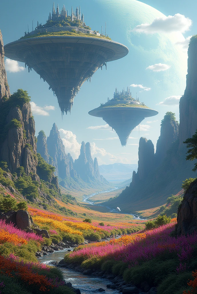 Give me a planet where it&#39;s similar to Pandora, with floating piece of land, and a field of flowers and a futuristic spaceship on the surface of the planet.