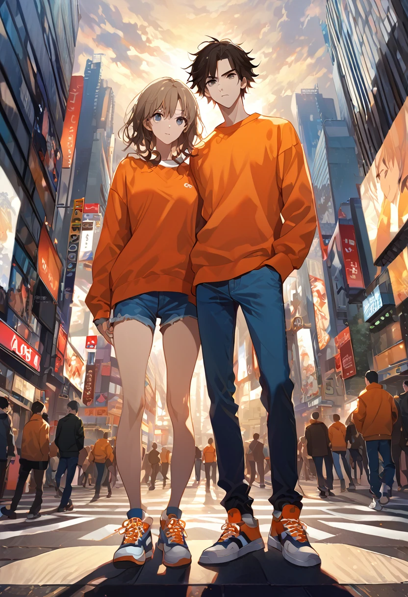 ((top quality, ultra detailed, High resolution, Extremely detailed CG, unity wallpaper 8k, by famous artist, perfect anatomy, super detailed skin, cinematic lighting, HD, retina, anatomically correct, 1080P, Size, wallpapers, anime-light novel style.)) Only 2 characters in the picture, a young boy and girl, 18 years, ((A girl, long light brown hair with light blue eyes., Clean and tidy clothes, He is wearing a red leather jacket, white shirt, black joggers, well formed body, great search, toned body, leafy thighs)), ((A young man, White skin, black messy hair, very dark hair, bright gray eyes, SERIOUS LOOK, expressionless face,. Clean and tidy clothes, He is wearing an orange sweatshirt, blue jeans, y sneakers, athletic body, slender)) They pose side by side, separdos, in the middle of shibuya crossing, Inspired by artist Shunsaku Tomose: ask, Art Style : ask