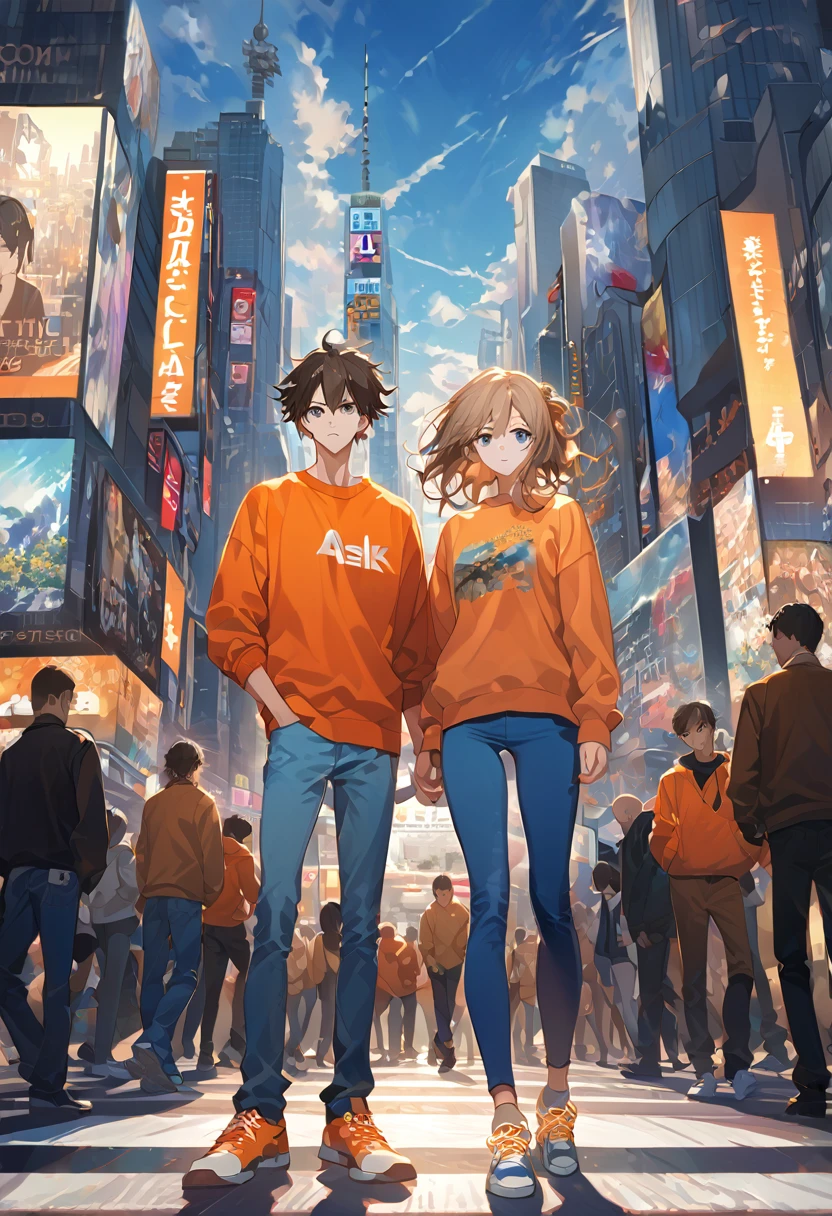 ((top quality, ultra detailed, High resolution, Extremely detailed CG, unity wallpaper 8k, by famous artist, perfect anatomy, super detailed skin, cinematic lighting, HD, retina, anatomically correct, 1080P, Size, wallpapers, anime-light novel style.)) Only 2 characters in the picture, a young boy and girl, 18 years, ((A girl, long light brown hair with light blue eyes., Clean and tidy clothes, He is wearing a red leather jacket, white shirt, black joggers, well formed body, great search, toned body, leafy thighs)), ((A young man, White skin, black messy hair, very dark hair, bright gray eyes, SERIOUS LOOK, expressionless face,. Clean and tidy clothes, He is wearing an orange sweatshirt, blue jeans, y sneakers, athletic body, slender)) They pose side by side, separdos, in the middle of shibuya crossing, Inspired by artist Shunsaku Tomose: ask, Art Style : ask