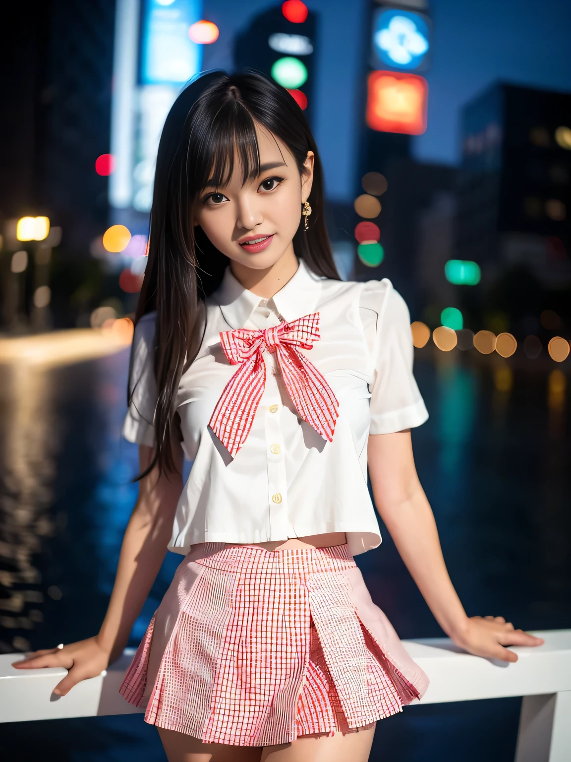 Very detailed、masterpiece、Highest quality、Ultra-high resolution、8K high resolution、Photogenic transparency、Detailed eyes、Gradation、Perfect anatomical figure ,hard disk、Hmph , Nikon Z9 80mm Lens 、Tabletop、Model standing、alone、One Woman、Neon city at night、(((Pale red and white gingham check flared mini skirt)))、(((The skirt is definitely worn..)))、(((Raise the hem of a skirt)))、Panty Focus、Too bright natural light、sunlight、Detailed lace panty pattern、Plain white lace panties、(((Standing up and flipping up the skirt、Showing panties to the camera)))、(((Beautifully straightened white teeth)))、(((Raise your skirt higher and higher,、Show your panties to the camera)))、Super slim body with G-cup bust、Slim model body type、Beautiful posture、It's very wet、